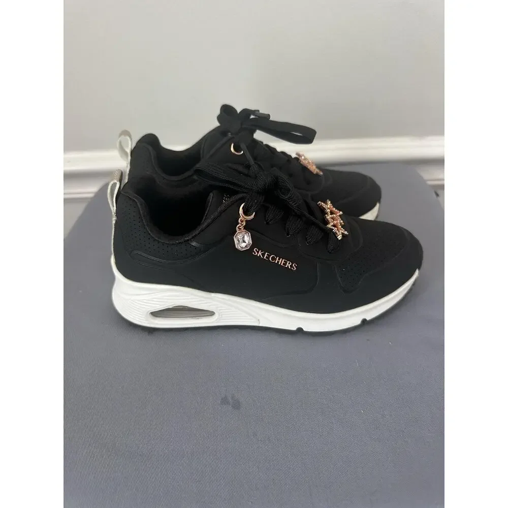 Skechers Memory Foam Shoes Girls Size 1 Black Rhinestone Star Sneakers 310562L